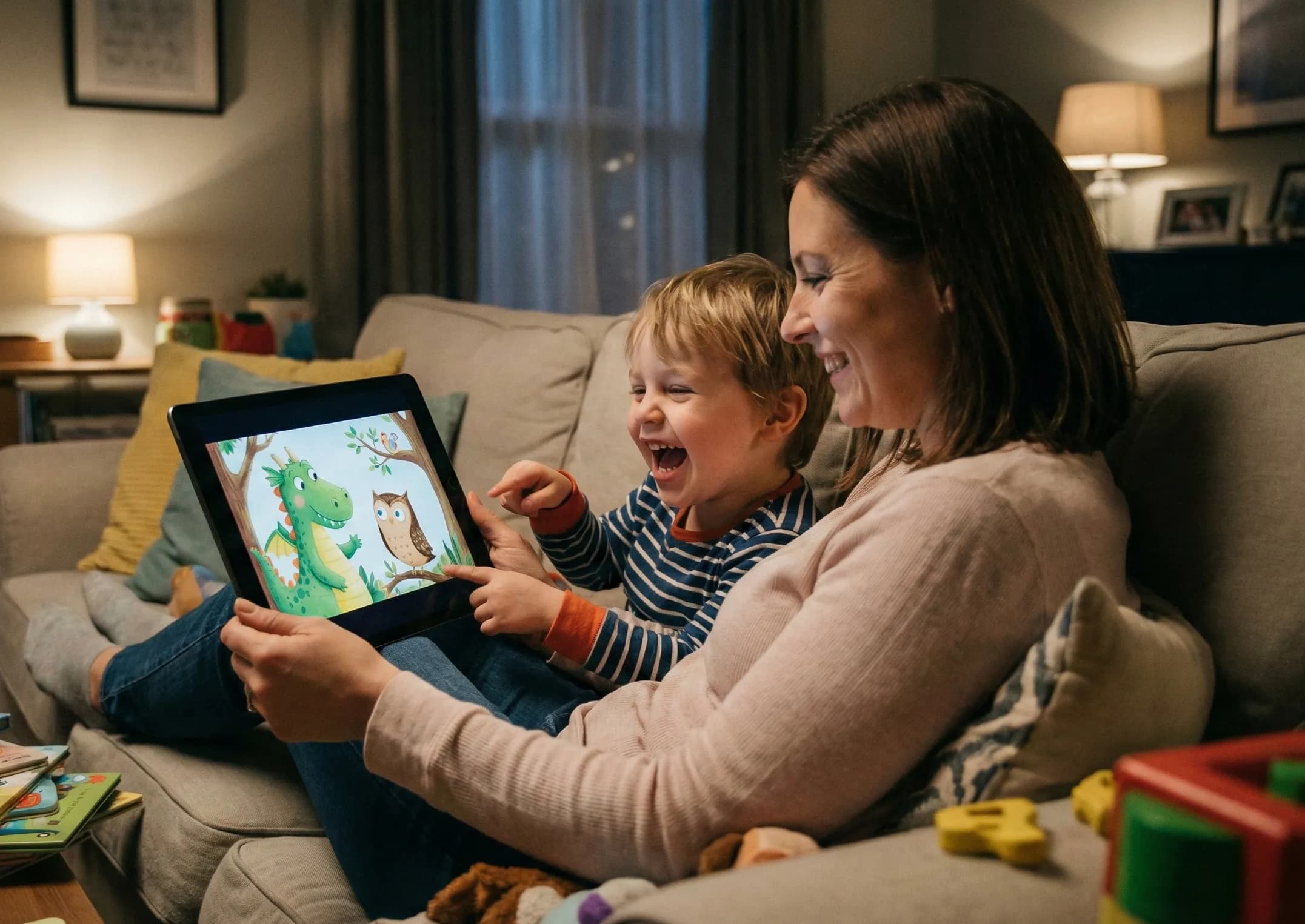 Copil citind o poveste magică personalizată